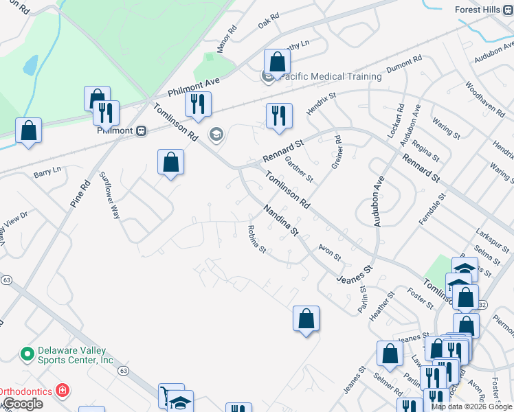 map of restaurants, bars, coffee shops, grocery stores, and more near 10923 Nandina Court in Philadelphia