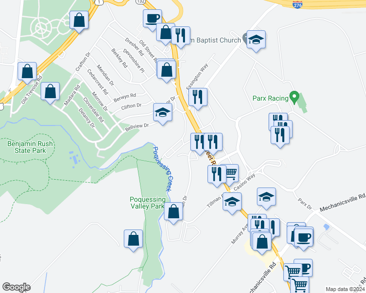 map of restaurants, bars, coffee shops, grocery stores, and more near 2901 Bellview Drive in Bensalem
