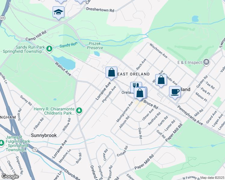 map of restaurants, bars, coffee shops, grocery stores, and more near 107 Plymouth Avenue in Oreland