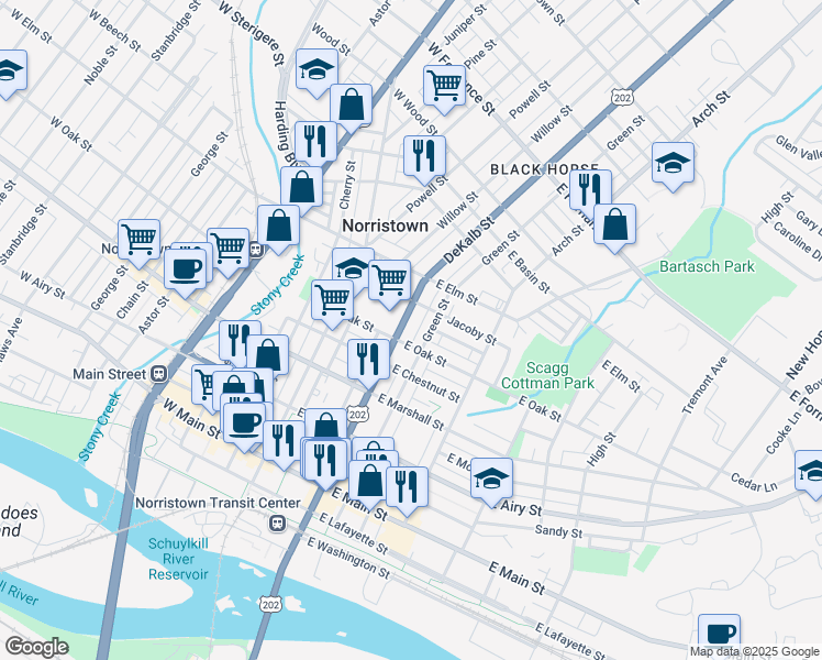 map of restaurants, bars, coffee shops, grocery stores, and more near 827 U.S. 202 in Norristown