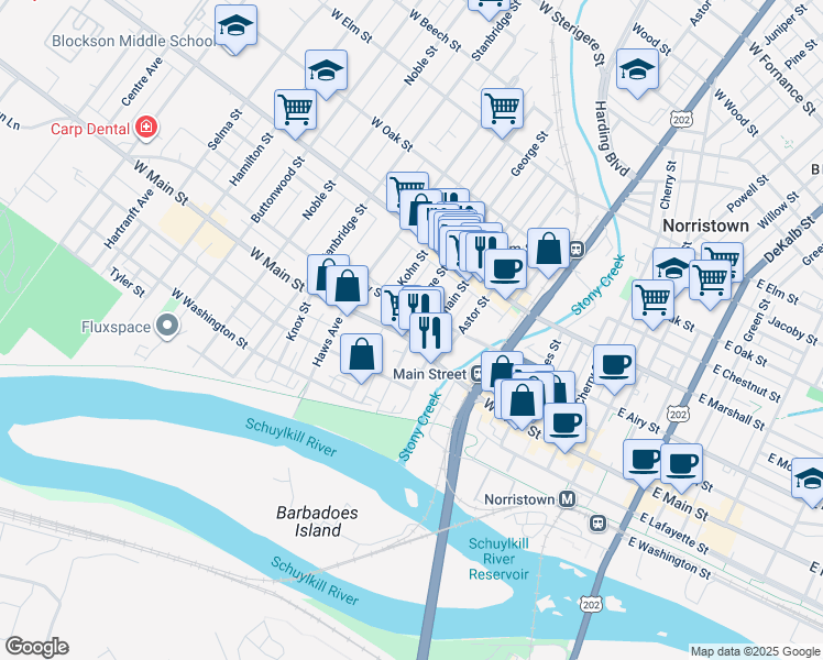 map of restaurants, bars, coffee shops, grocery stores, and more near 512 West Airy Street in Norristown