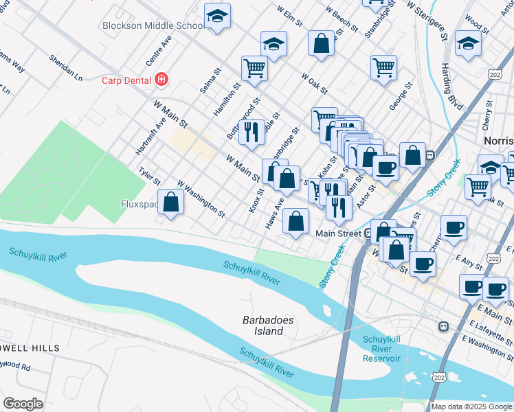 map of restaurants, bars, coffee shops, grocery stores, and more near 222 Knox Street in Norristown