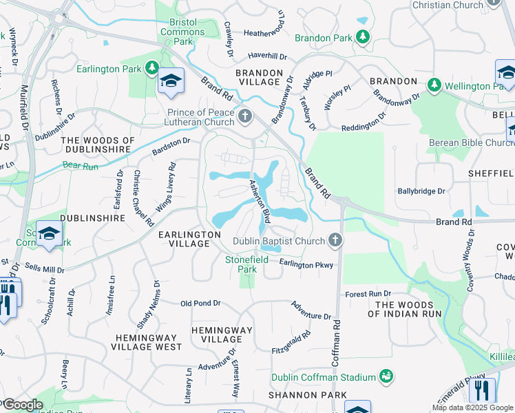 map of restaurants, bars, coffee shops, grocery stores, and more near 5403 Dunmere Lane in Dublin