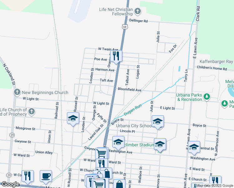 map of restaurants, bars, coffee shops, grocery stores, and more near 122 Bloomfield Avenue in Urbana