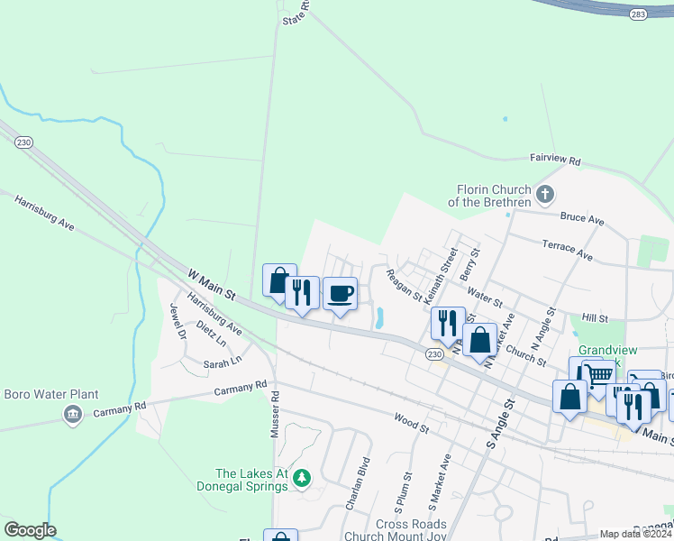 map of restaurants, bars, coffee shops, grocery stores, and more near 310 Witwer Way in Mount Joy