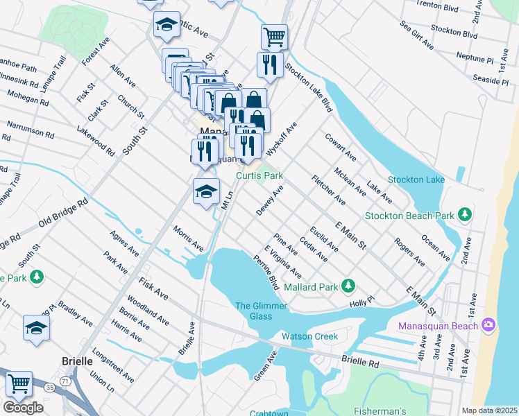 map of restaurants, bars, coffee shops, grocery stores, and more near 261 Cedar Avenue in Manasquan