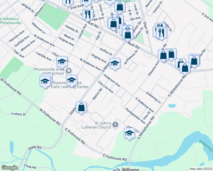 map of restaurants, bars, coffee shops, grocery stores, and more near 8 Melvin Road in Phoenixville