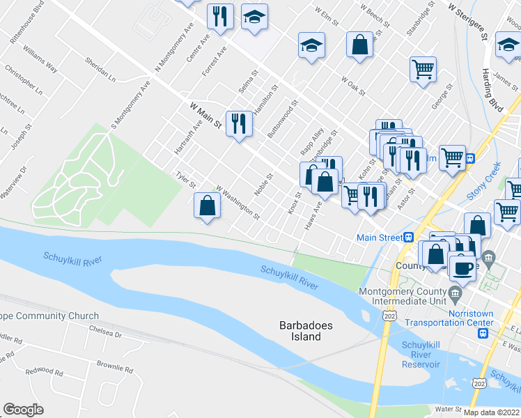 map of restaurants, bars, coffee shops, grocery stores, and more near 918 Yerkes Road in Norristown