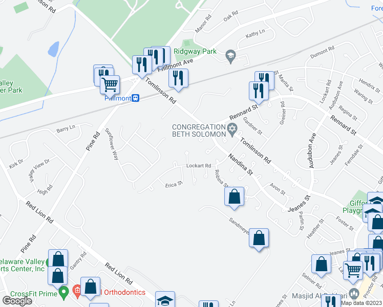 map of restaurants, bars, coffee shops, grocery stores, and more near 109 Lockart Plaza in Philadelphia