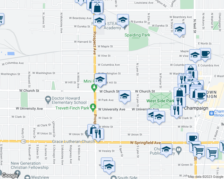 map of restaurants, bars, coffee shops, grocery stores, and more near 710 West Church Street in Champaign