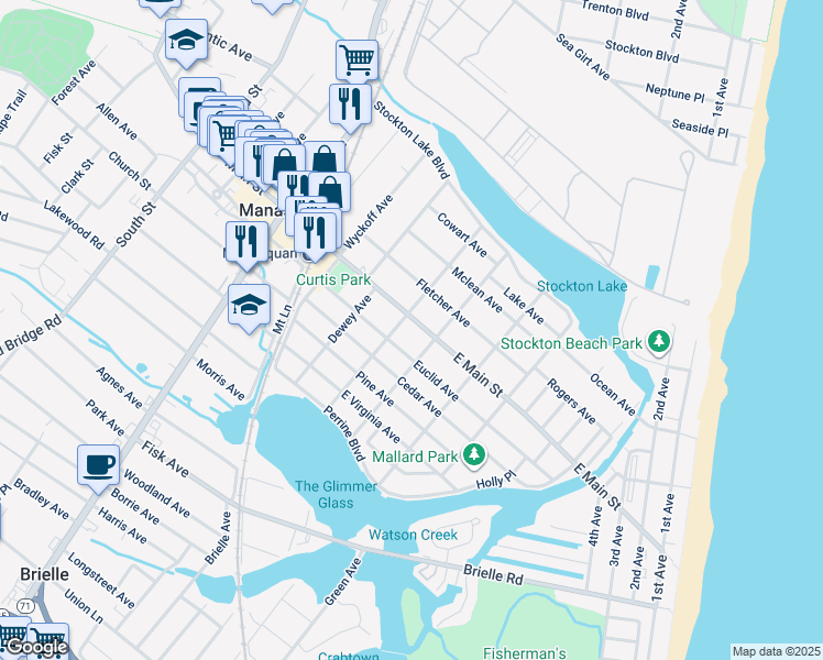 map of restaurants, bars, coffee shops, grocery stores, and more near 309 East Main Street in Manasquan