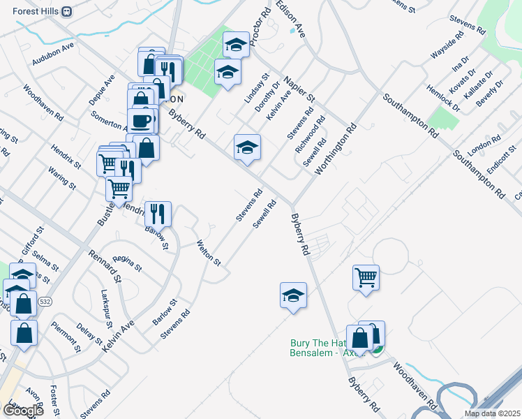 map of restaurants, bars, coffee shops, grocery stores, and more near 12036 Sewell Road in Philadelphia