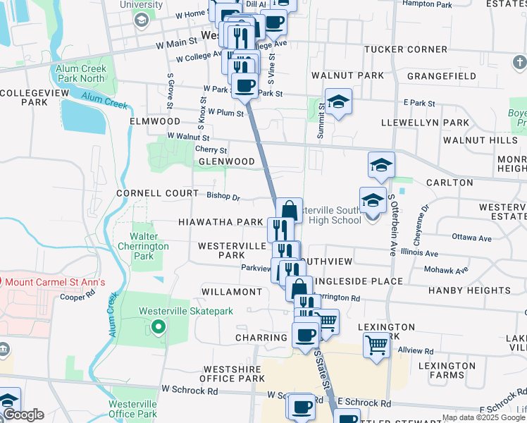 map of restaurants, bars, coffee shops, grocery stores, and more near in Westerville