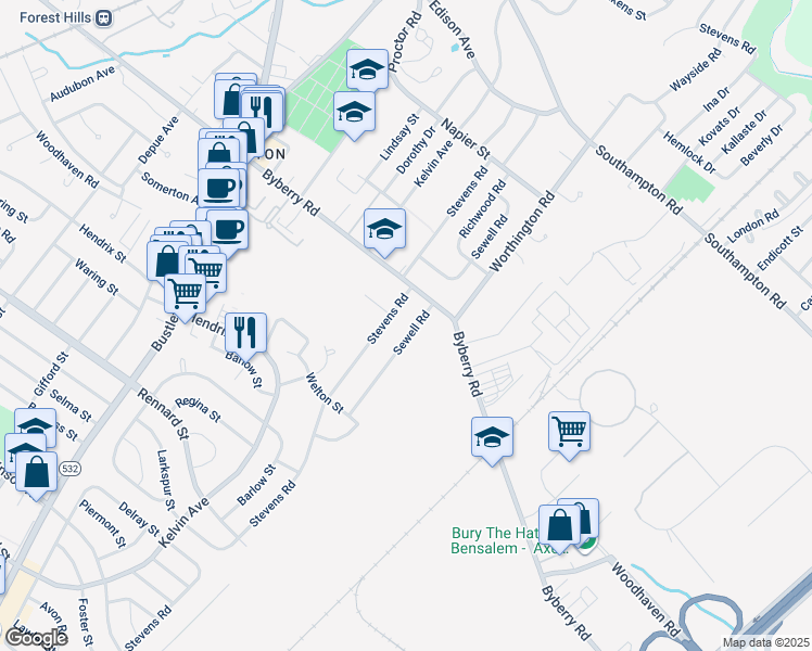 map of restaurants, bars, coffee shops, grocery stores, and more near 12036 Sewell Road in Philadelphia