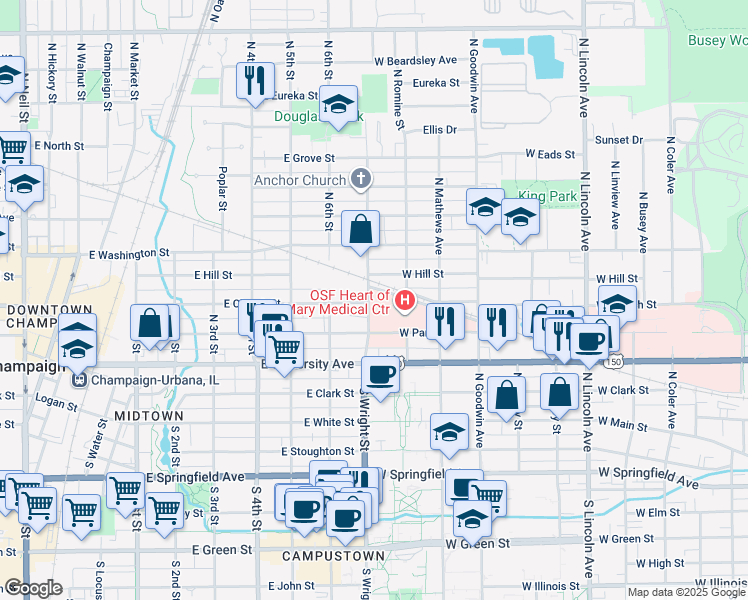 map of restaurants, bars, coffee shops, grocery stores, and more near 702 North Wright Street in Urbana