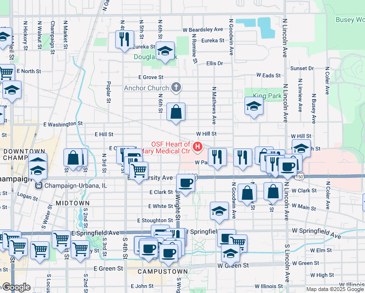 map of restaurants, bars, coffee shops, grocery stores, and more near 702 North Wright Street in Urbana