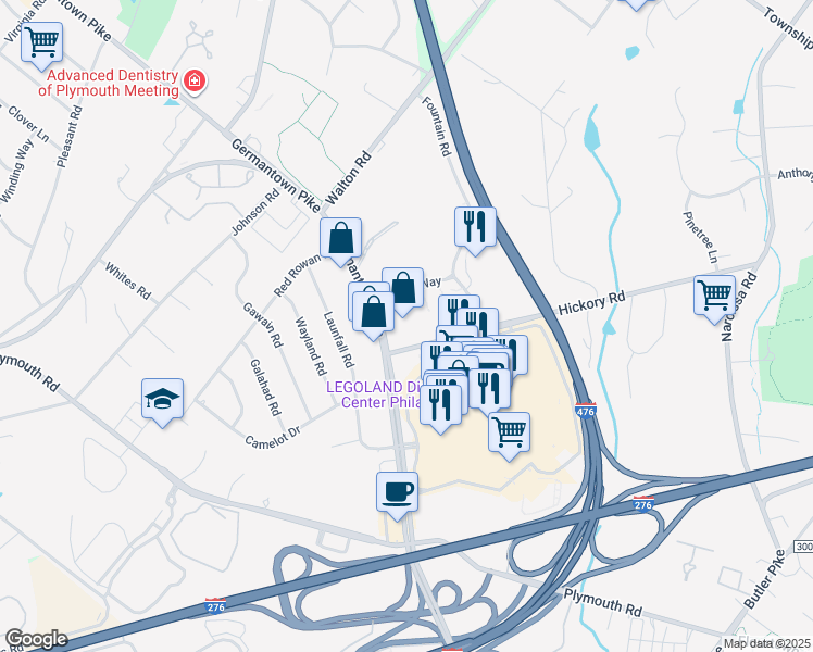 map of restaurants, bars, coffee shops, grocery stores, and more near 600 West Germantown Pike in Plymouth Meeting