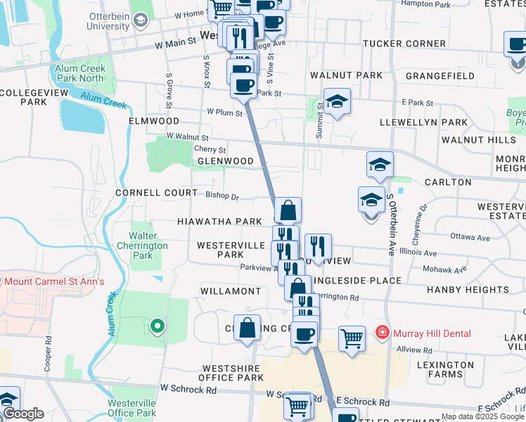 map of restaurants, bars, coffee shops, grocery stores, and more near 283 South State Street in Westerville
