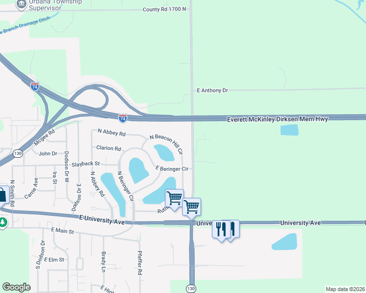 map of restaurants, bars, coffee shops, grocery stores, and more near 606 North Beacon Hill Circle in Urbana