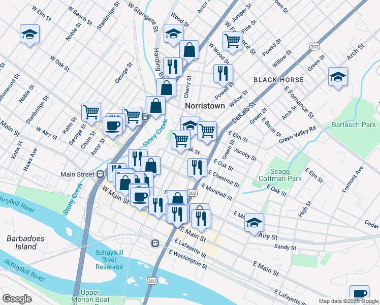 map of restaurants, bars, coffee shops, grocery stores, and more near 821 Willow Street in Norristown