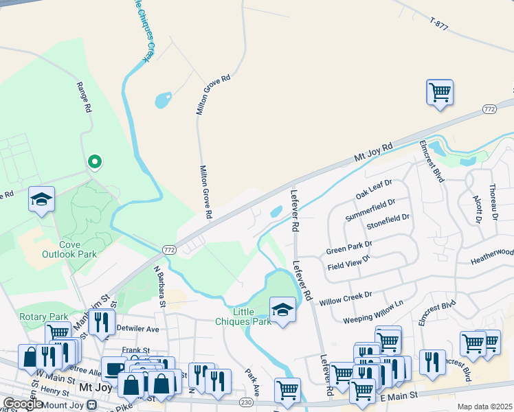 map of restaurants, bars, coffee shops, grocery stores, and more near 3570 Mount Joy Road in Mount Joy