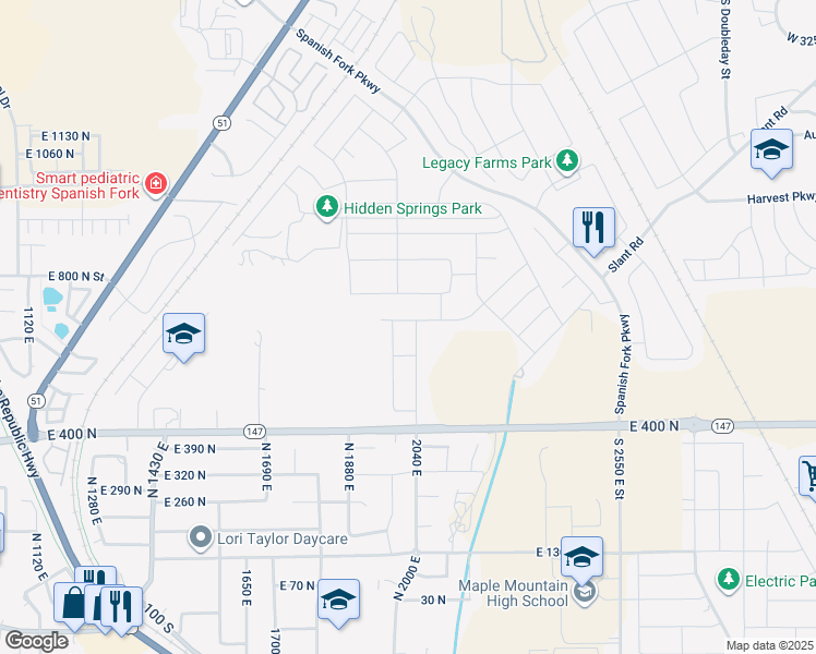 map of restaurants, bars, coffee shops, grocery stores, and more near North 2040 East Street in Spanish Fork