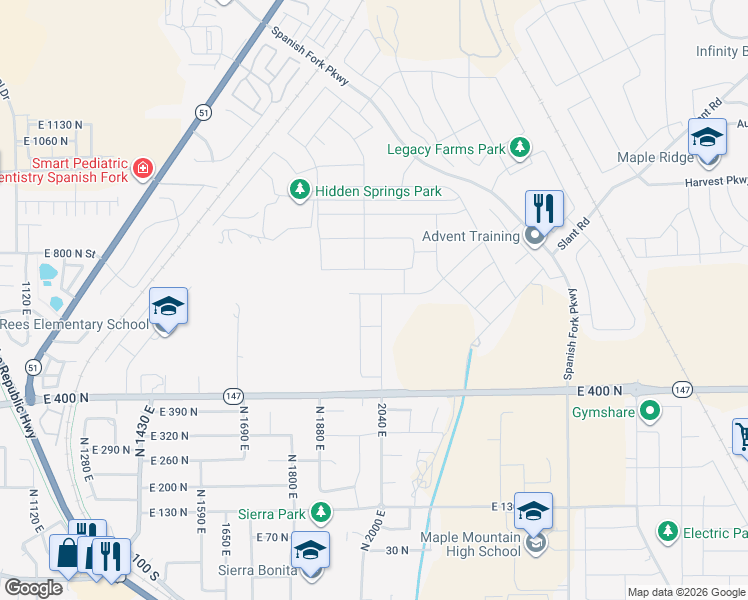 map of restaurants, bars, coffee shops, grocery stores, and more near North 2040 East Street in Spanish Fork