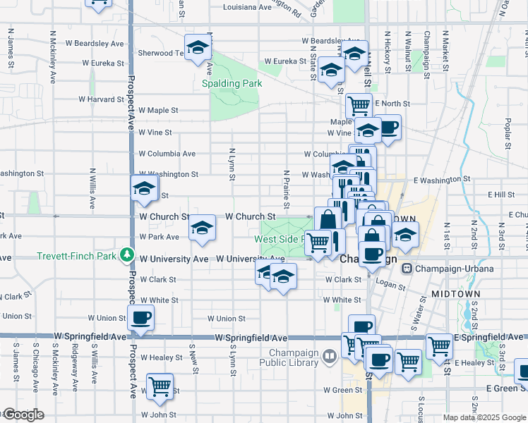 map of restaurants, bars, coffee shops, grocery stores, and more near 412 West Church Street in Champaign