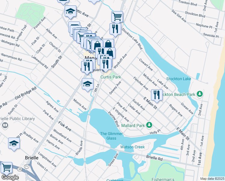 map of restaurants, bars, coffee shops, grocery stores, and more near 280 Cedar Avenue in Manasquan