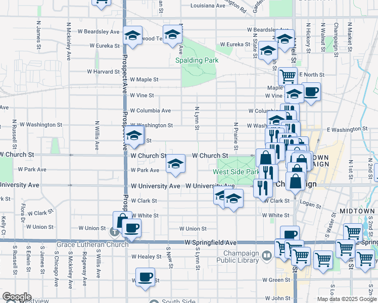 map of restaurants, bars, coffee shops, grocery stores, and more near 606 West Church Street in Champaign