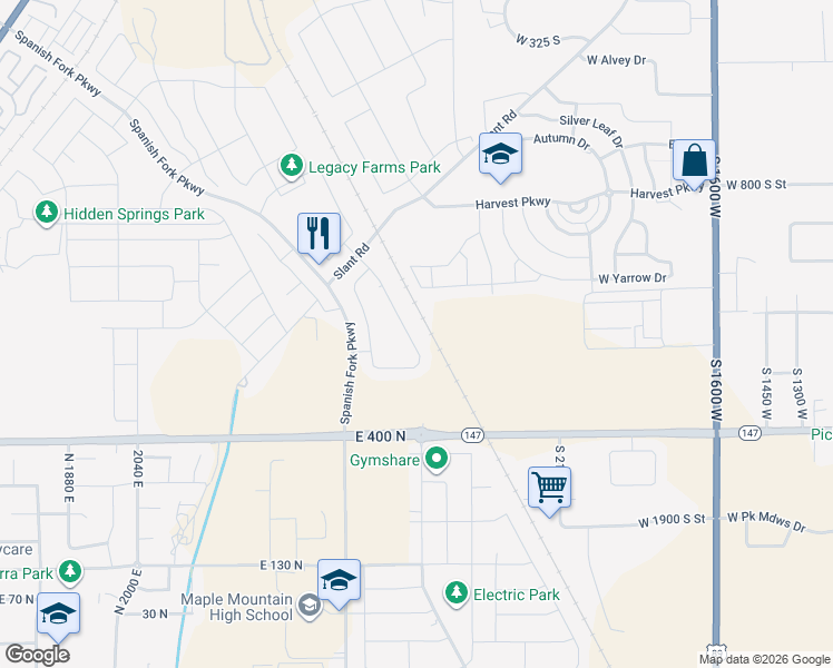 map of restaurants, bars, coffee shops, grocery stores, and more near Spanish Fork Parkway in Springville