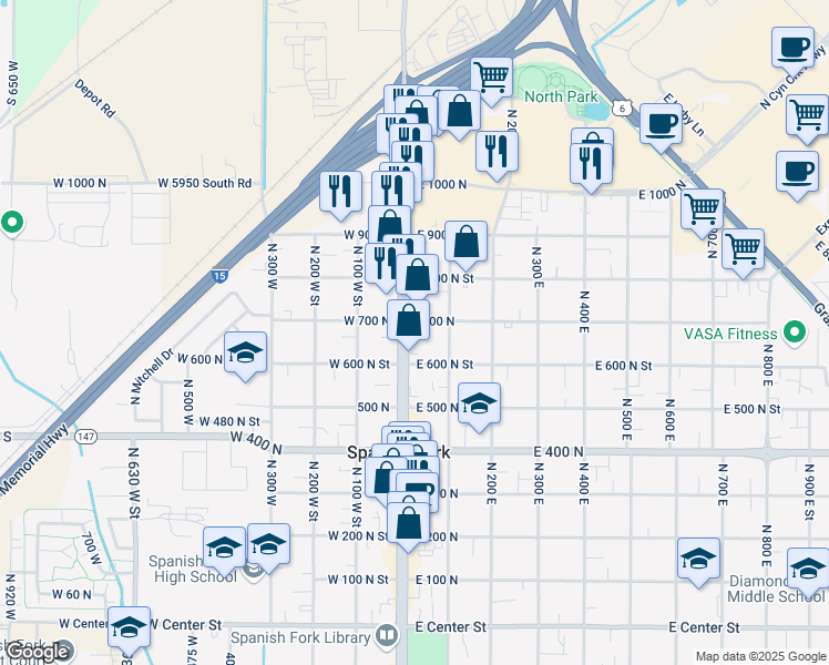 map of restaurants, bars, coffee shops, grocery stores, and more near 720 North Main Street in Spanish Fork