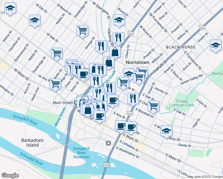 map of restaurants, bars, coffee shops, grocery stores, and more near 705 Cherry Street in Norristown
