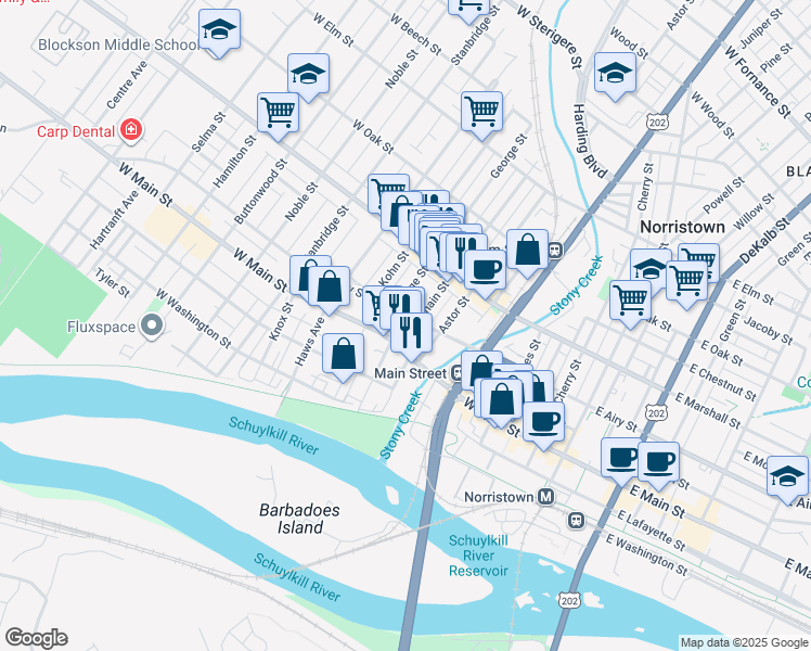map of restaurants, bars, coffee shops, grocery stores, and more near 512 West Airy Street in Norristown