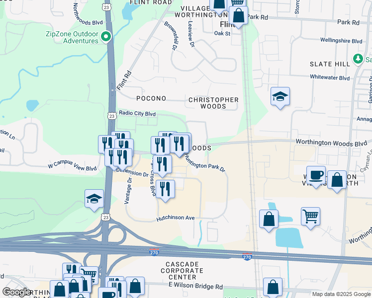 map of restaurants, bars, coffee shops, grocery stores, and more near 200 East Campus View Boulevard in Columbus