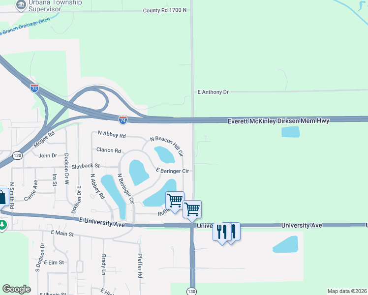 map of restaurants, bars, coffee shops, grocery stores, and more near 606 North Beacon Hill Circle in Urbana