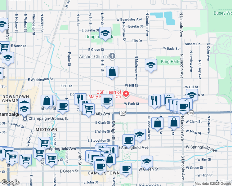 map of restaurants, bars, coffee shops, grocery stores, and more near 706 North Wright Street in Urbana