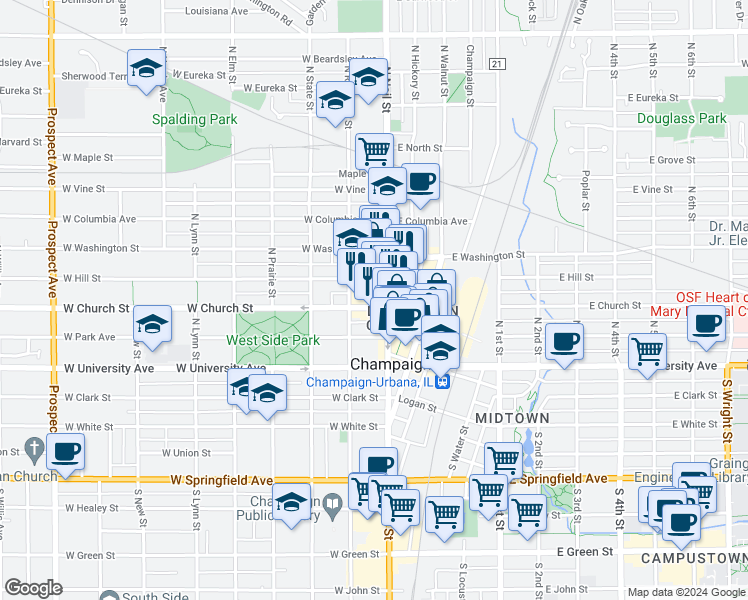 map of restaurants, bars, coffee shops, grocery stores, and more near 302 North Neil Street in Champaign