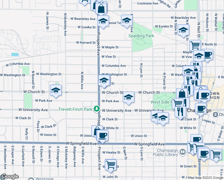 map of restaurants, bars, coffee shops, grocery stores, and more near 709 West Hill Street in Champaign