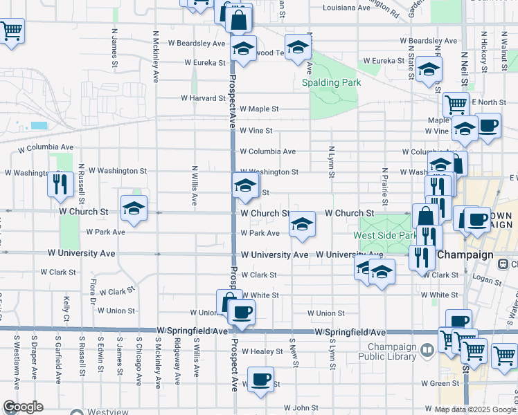 map of restaurants, bars, coffee shops, grocery stores, and more near 809 West Hill Street in Champaign