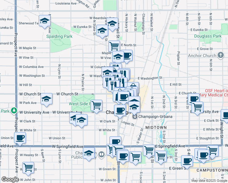 map of restaurants, bars, coffee shops, grocery stores, and more near 302 North Neil Street in Champaign