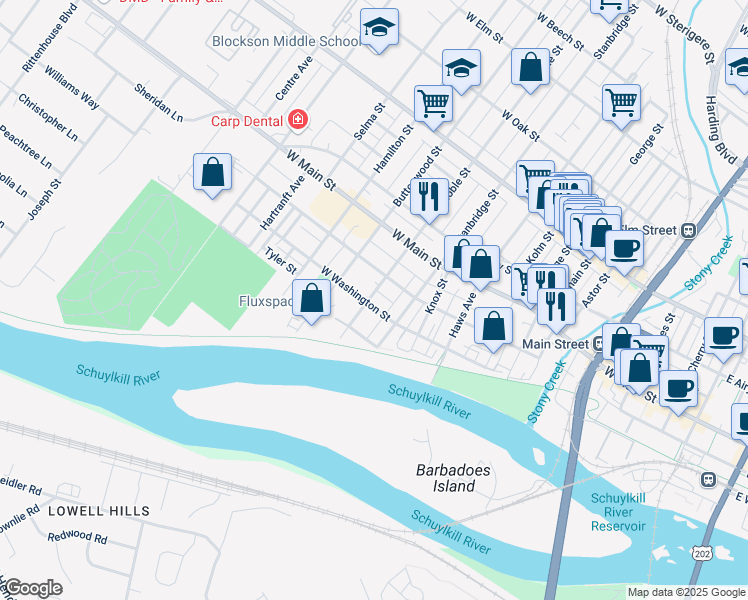 map of restaurants, bars, coffee shops, grocery stores, and more near 131 Noble Street in Norristown