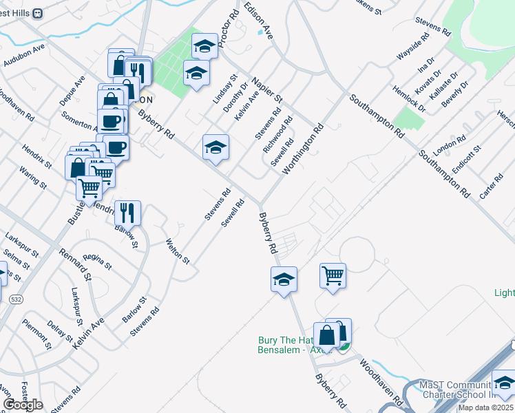 map of restaurants, bars, coffee shops, grocery stores, and more near 1200 Byberry Road in Philadelphia