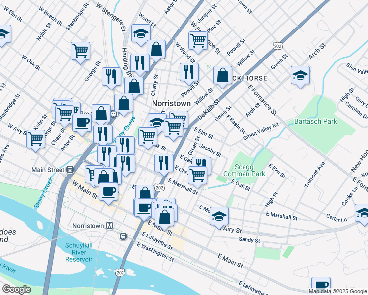 map of restaurants, bars, coffee shops, grocery stores, and more near 827 U.S. 202 in Norristown