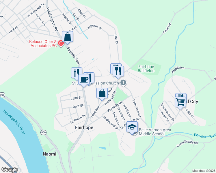 map of restaurants, bars, coffee shops, grocery stores, and more near 218 Perry Avenue in Belle Vernon