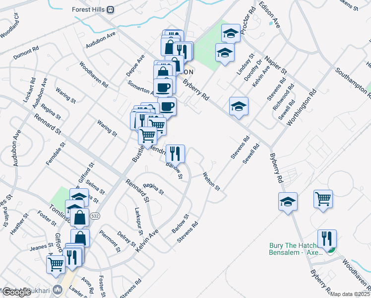 map of restaurants, bars, coffee shops, grocery stores, and more near 11716 Centennial Square West in Philadelphia