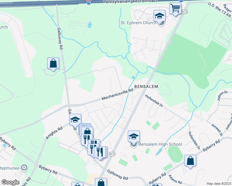 map of restaurants, bars, coffee shops, grocery stores, and more near 4122 Mechanicsville Road in Bensalem