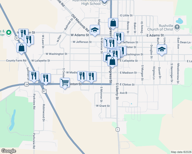 map of restaurants, bars, coffee shops, grocery stores, and more near 300-326 West Madison Street in Rushville