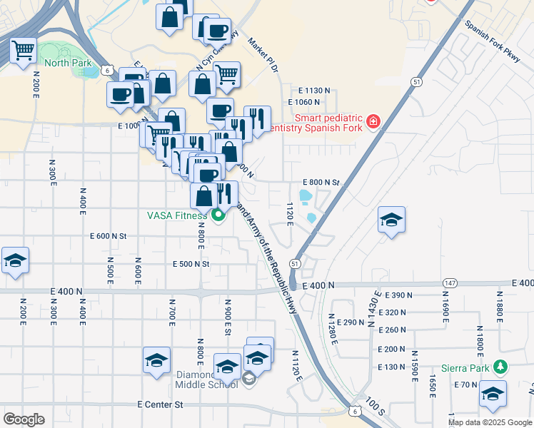 map of restaurants, bars, coffee shops, grocery stores, and more near 713 1120 East in Spanish Fork
