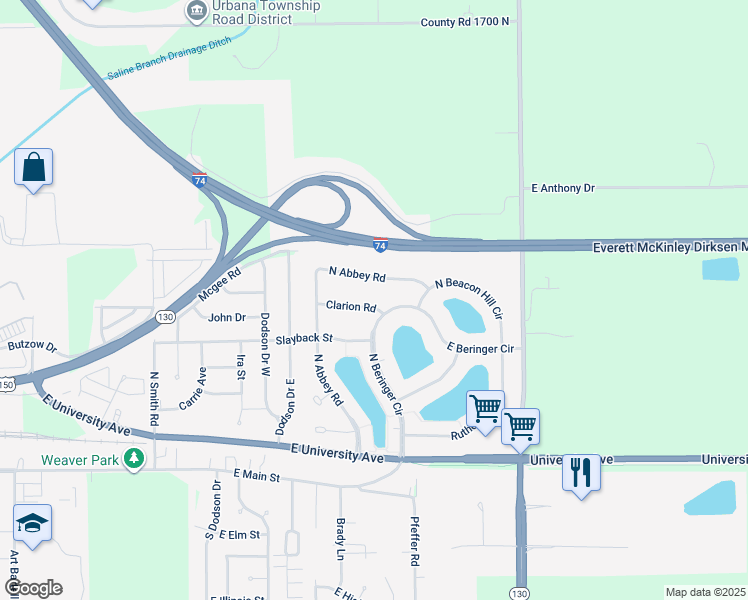 map of restaurants, bars, coffee shops, grocery stores, and more near 2901 Haydon Drive in Urbana